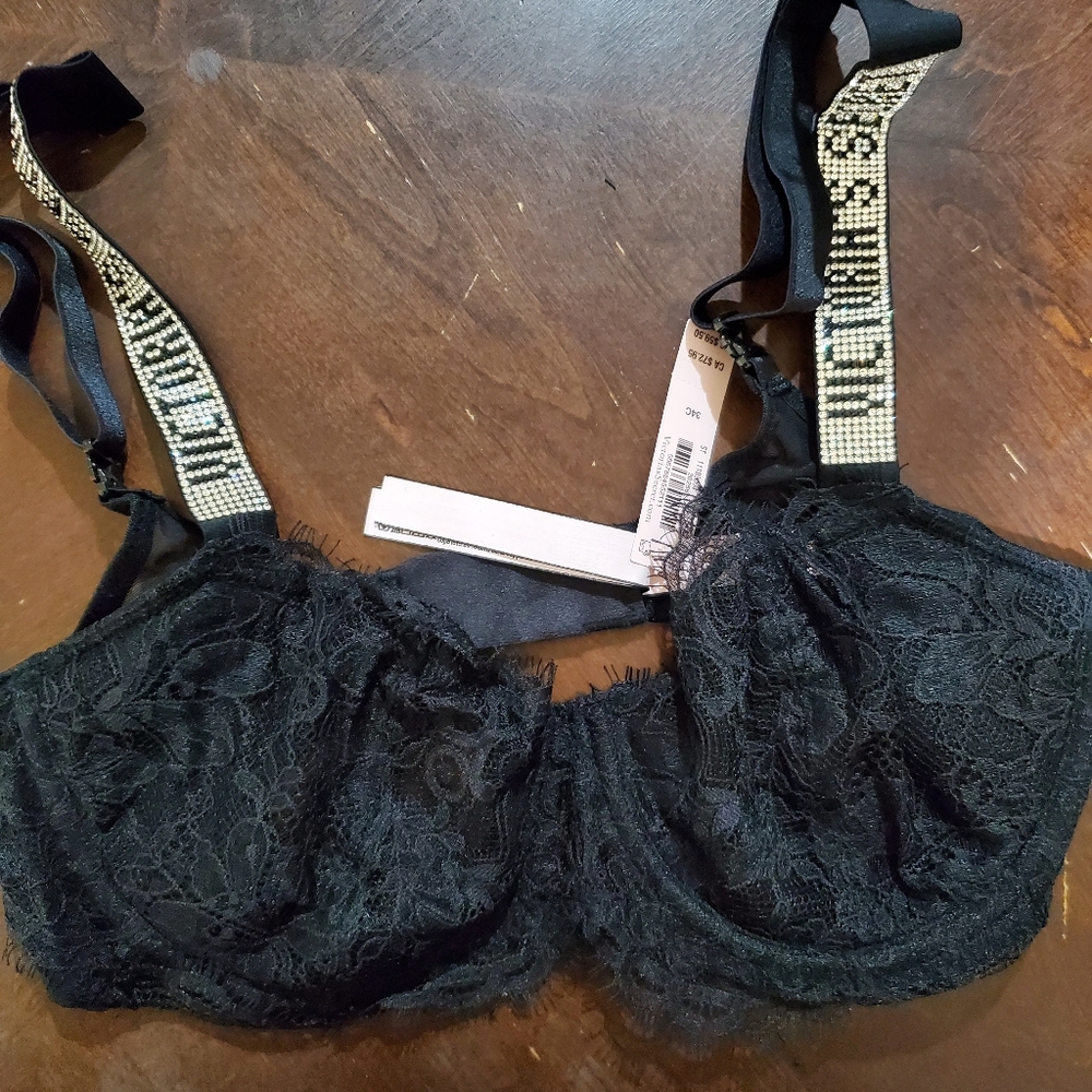 Victoria Secret 34c Black Lace Shine Strap Push Up Bra NWT